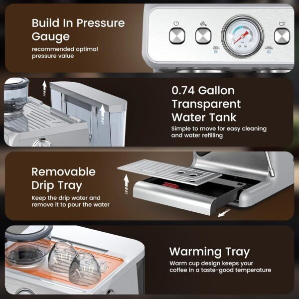 Máquina de café expresso com moedor, máquinas de café expresso semiautomáticas de aço inoxidável de 20 bares, com vaporizador de leite, tubo de vapor, reservatório de água removível para latte, macchiato e cappuccino - Imagem 9