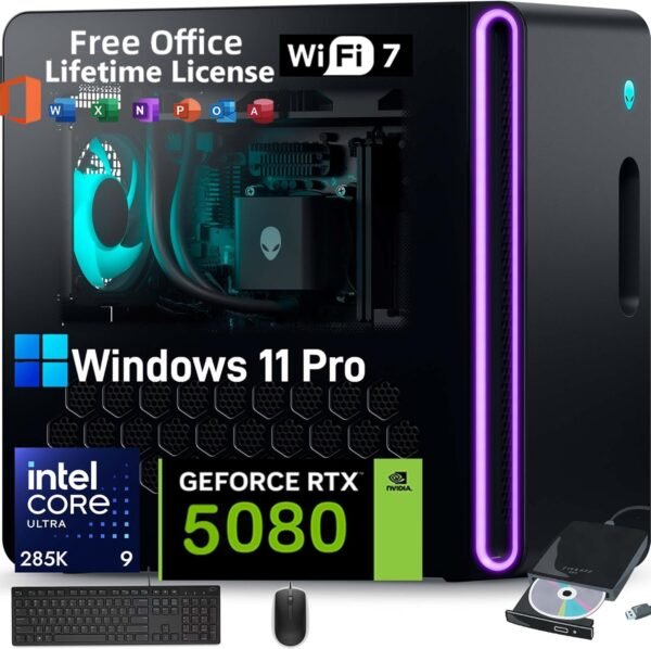 Desktop para jogos Alienware Aurora R16 2025, Intel 24 Core Ultra 9 285K (AI NPU), RTX 5080 GDDR7 (Beat 4090), 64 GB DDR5, SDD de 8 TB, HD de 2 TB, Win 11 Pro, com licença do Office, unidade de DVD externa, WiFi 7