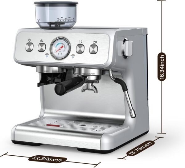 Máquina de café expresso com moedor, máquinas de café expresso semiautomáticas de aço inoxidável de 20 bares, com vaporizador de leite, tubo de vapor, reservatório de água removível para latte, macchiato e cappuccino - Imagem 3