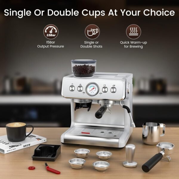 Máquina de café expresso com moedor, máquinas de café expresso semiautomáticas de aço inoxidável de 20 bares, com vaporizador de leite, tubo de vapor, reservatório de água removível para latte, macchiato e cappuccino - Imagem 6