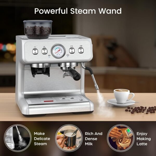Máquina de café expresso com moedor, máquinas de café expresso semiautomáticas de aço inoxidável de 20 bares, com vaporizador de leite, tubo de vapor, reservatório de água removível para latte, macchiato e cappuccino - Imagem 2