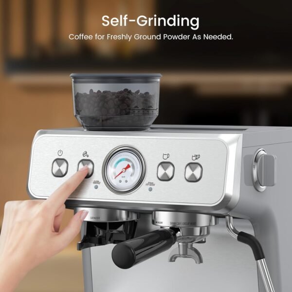 Máquina de café expresso com moedor, máquinas de café expresso semiautomáticas de aço inoxidável de 20 bares, com vaporizador de leite, tubo de vapor, reservatório de água removível para latte, macchiato e cappuccino - Imagem 4