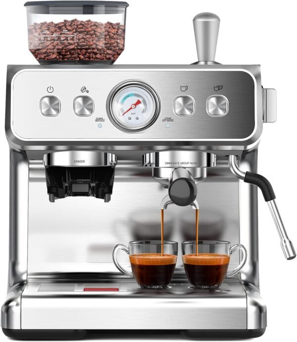 Máquina de café expresso com moedor, máquinas de café expresso semiautomáticas de aço inoxidável de 20 bares, com vaporizador de leite, tubo de vapor, reservatório de água removível para latte, macchiato e cappuccino