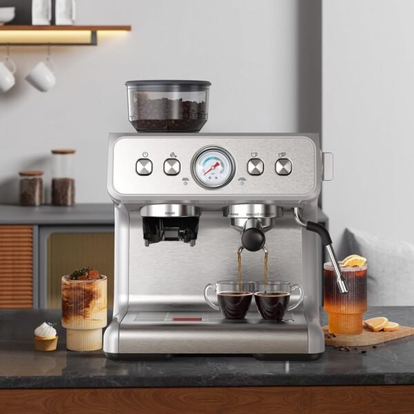 Máquina de café expresso com moedor, máquinas de café expresso semiautomáticas de aço inoxidável de 20 bares, com vaporizador de leite, tubo de vapor, reservatório de água removível para latte, macchiato e cappuccino - Imagem 5