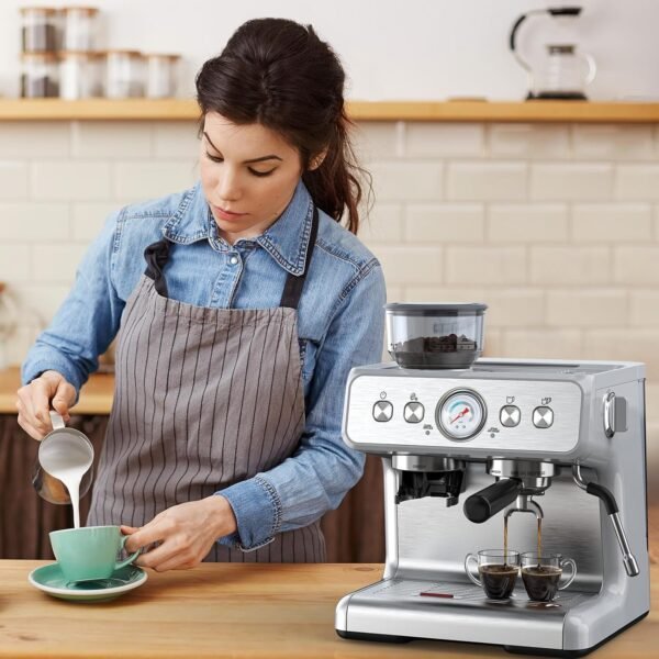 Máquina de café expresso com moedor, máquinas de café expresso semiautomáticas de aço inoxidável de 20 bares, com vaporizador de leite, tubo de vapor, reservatório de água removível para latte, macchiato e cappuccino - Imagem 7