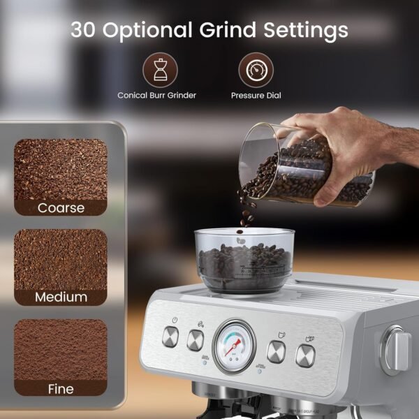 Máquina de café expresso com moedor, máquinas de café expresso semiautomáticas de aço inoxidável de 20 bares, com vaporizador de leite, tubo de vapor, reservatório de água removível para latte, macchiato e cappuccino - Imagem 8